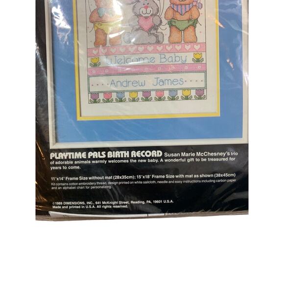 NEW Vtg 1989 Dimensions Cross Stitch Kit Playtime Pals Birth Record 11"x14" 3095 - Picture 3 of 5